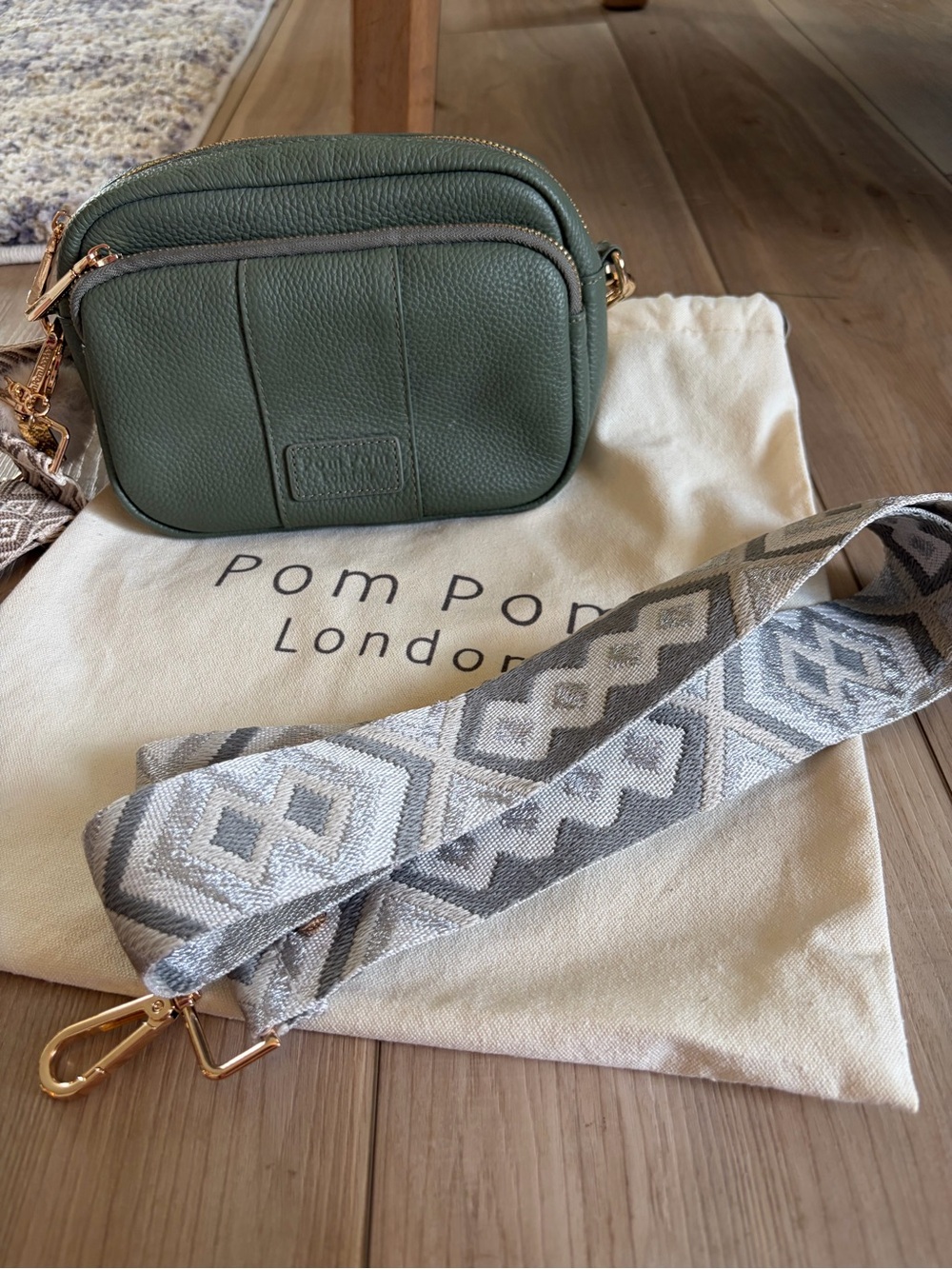 Pom Pom London Mayfair Sage Green Leather Crossbody Bag